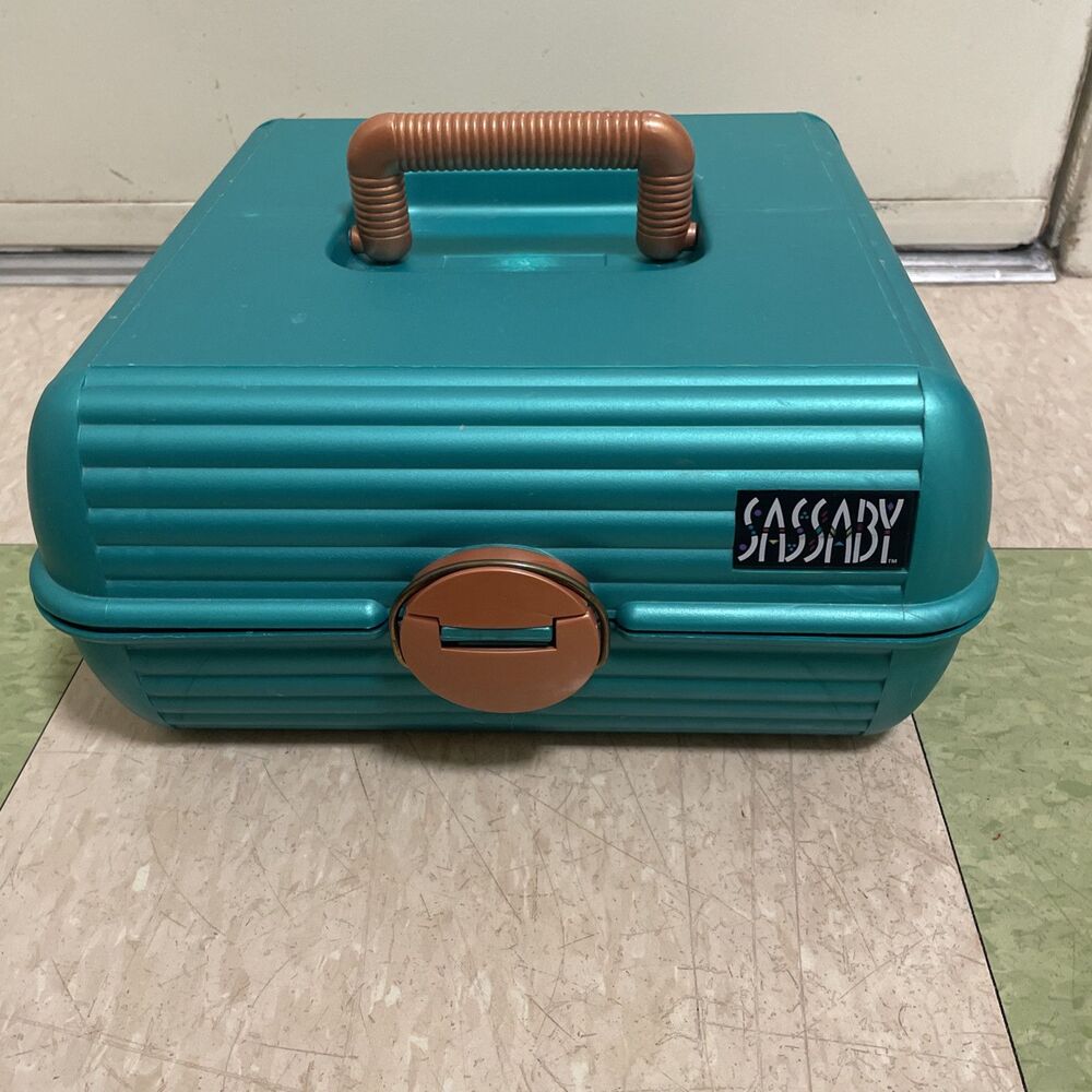 Vtg SASSABY Makeup Case Travel Organizer Model 108 Hard Case GREEN Blue Gold
